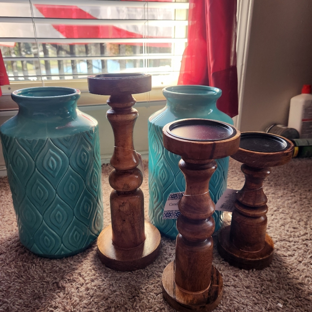 3 Candel Holders 13" 11" 9" With 2 Vases Teal all Items